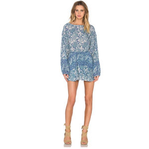 Free People Silver Sun Printed Mini Dress S Long Sleeve Cutout Back Washed Blue